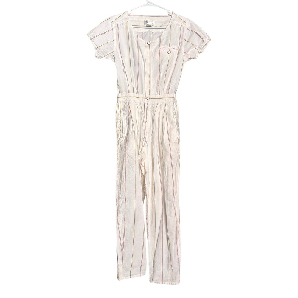 Striped Short Sleeve Jumpsuit Romper Button Front White Vintage